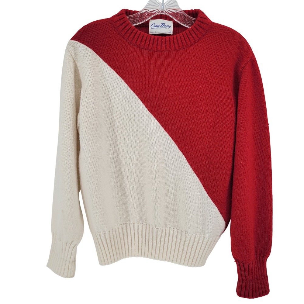 Vintage Cran Barry Red Cream Colorblock Knit Sweater Size 38 Crewneck Preppy M